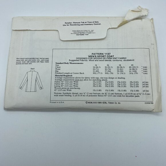 Kwik Sew 1137 Men’s Sport Coat Sewing Pattern Chest 34–40 Uncut 1981 Vintage - Picture 4 of 4